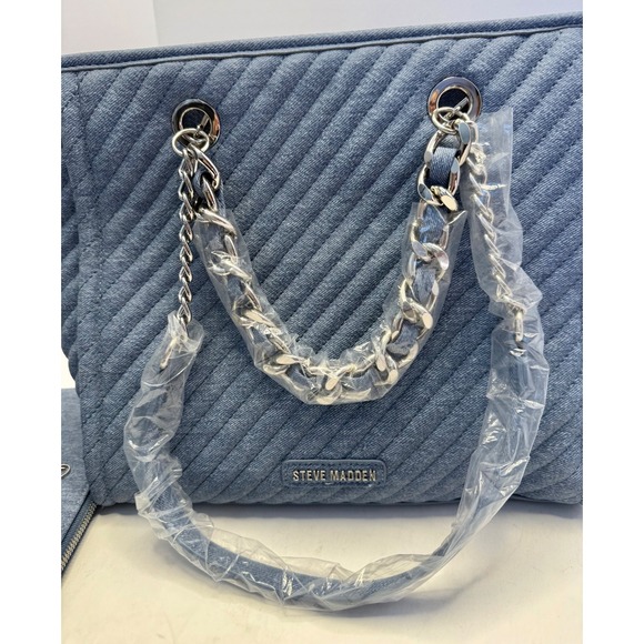 Steve Madden Bkattt-H Quilted Large Chain Tote Bag With Pouch Denim Blue - Picture 12 of 16